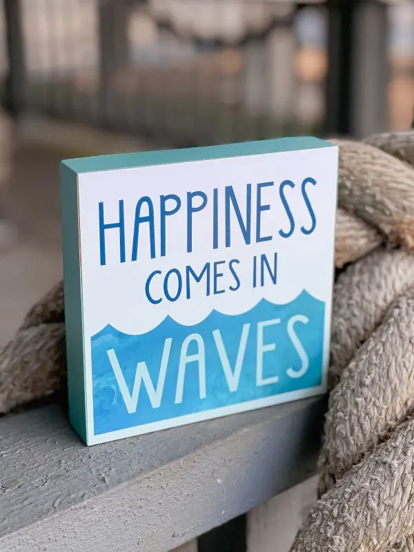 Happiness Comes in Waves Box Sign